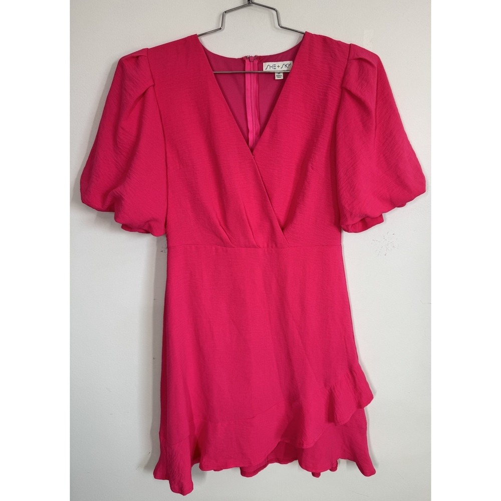 SHE+SKY Wrap Front Hot Pink Ruffle Mini Dress Puff Sleeves Size M Cruise Beach